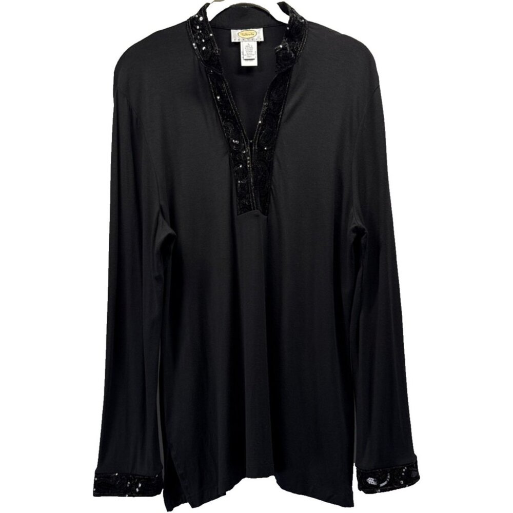 Talbots Women's Top Size Petite Large PL Black‎ Stretch Sequin Cuffs Neckline